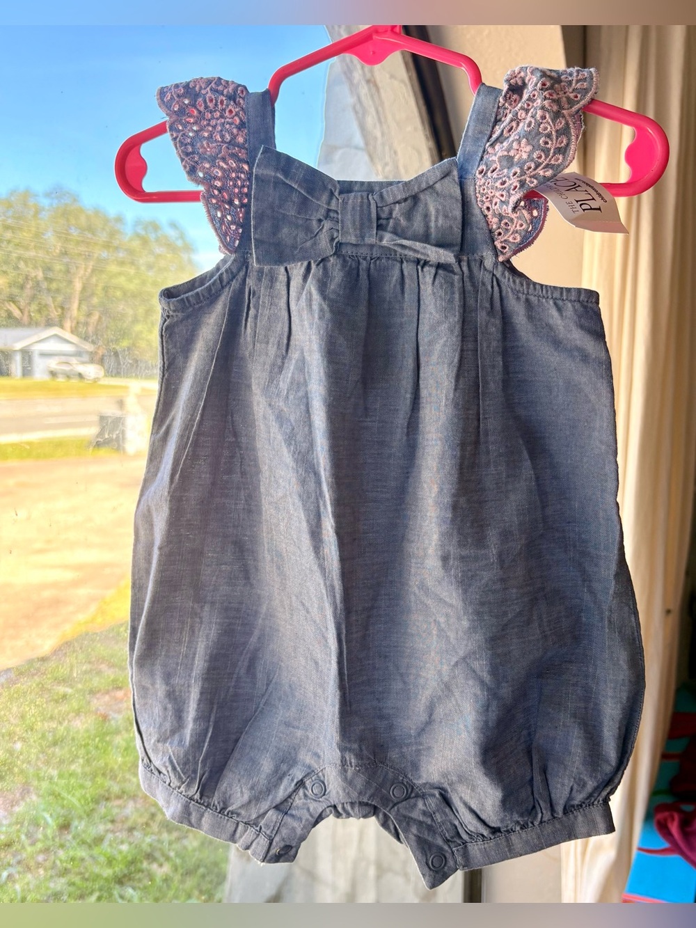 The Children's Place Blue Chambray Romper with Floral Ruffle Straps